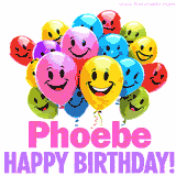 Animated colorful and joyful birthday balloons with cheerful smiles and a bright 'Happy Birthday Phoebe!' message in pink and purple.