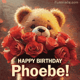 Cinematic style cute animated teddy bear with charming features holding a large bouquet of red roses, the words say 'Happy Birthday Phoebe' in sans serif font.