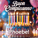 Birthday cake topped with pink and yellow lit candles, surrounded by glowing bokeh lights and party balloons. The greeting 'Buon Compleanno Phoebe GIF!' is displayed.