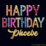 Vibrant luxury birthday greeting card for Phoebe, showing glittering gemstone letters and golden calligraphy on a dark background with twinkling shine effects.