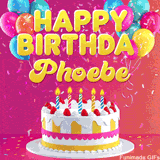 Pink-themed animated greeting with balloons, confetti, and a frosted cake under the message 'Happy Birthday Phoebe' in bold rounded yellow font.