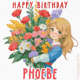 Bright floral birthday animation for Phoebe showing a cute cartoon girl with golden hair and expressive eyes holding a huge bouquet, surrounded by birthday text.