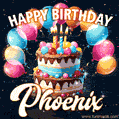 Hand-drawn happy birthday cake adorned with an arch of colorful balloons - name GIF for Phoenix