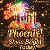 Burning birthday candles on top of a chocolate drip cake with the text Shine Bright Today! at the base, custom-designed for Phoenix.