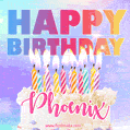Animated Happy Birthday Cake with Name Phoenix and Burning Candles