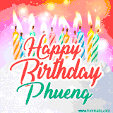 Bright birthday candles with rainbow flames on a cake, alongside the text 'Happy Birthday Phueng' in vibrant script in this celebratory animated GIF.