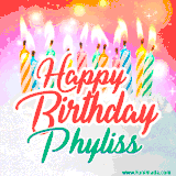 Bright birthday candles with rainbow flames on a cake, alongside the text 'Happy Birthday Phyliss' in vibrant script in this celebratory animated GIF.