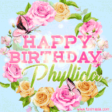 A charming animated GIF featuring 'Happy Birthday Phyllida' in pink and green text, surrounded by delicate roses, leaves, and fluttering butterflies on a soft light blue pastel background.
