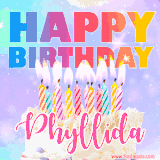 A vibrant animated name GIF with the words 'Happy Birthday Phyllida' with colorful candles on a creamy cake. The background sparkles with pastel shades, adding a festive touch.
