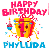 A vibrant and funny gift box character with a happy face dancing with a cupcake and the text 'Happy Birthday Phyllida,' surrounded by animated confetti and party vibes.