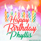 Bright birthday candles with rainbow flames on a cake, alongside the text 'Happy Birthday Phyllis' in vibrant script in this celebratory animated GIF.