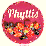 Beautifully decorated red velvet berry birthday cake with vibrant fruits and a glowing 'Phyllis' name, adding a touch of sweetness and sparkle.