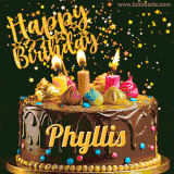 A delightful chocolate birthday cake with bright candles and 'Happy Birthday Phyllis' written in gold amidst a shower of animated stars.