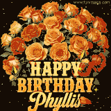 Animated bouquet of orange roses with moving butterfles and golden 'Happy Birthday Phyllis' text, surrounded by sparkling accents and a dark backdrop for a luxurious feel.