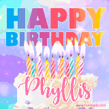 A vibrant animated name GIF with the words 'Happy Birthday Phyllis' with colorful candles on a creamy cake. The background sparkles with pastel shades, adding a festive touch.