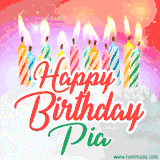 Bright birthday candles with rainbow flames on a cake, alongside the text 'Happy Birthday Pia' in vibrant script in this celebratory animated GIF.