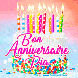 A white birthday cake covered in colorful sprinkles, topped with bright candles, and French text 'Bon Anniversaire Pia' on a pastel gradient background in an animated GIF.