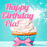 A festive cupcake with pink icing, a gingham bow, and a lit animated sparkler, paired with 'Happy Birthday Pia!' in bright pink text.