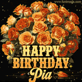 Animated bouquet of orange roses with moving butterfles and golden 'Happy Birthday Pia' text, surrounded by sparkling accents and a dark backdrop for a luxurious feel.
