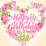 A stunning heart made of pink roses surrounds the elegant script text 'Happy Birthday Pia' on a soft beige background. Animated sparkles add a magical and festive feel.