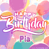 A vibrant name GIF featuring colorful balloons in shades of pink, orange, and yellow with the bold text 'Happy Birthday Pia' in festive fonts, creating a lively birthday vibe.