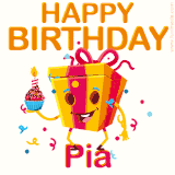 A vibrant and funny gift box character with a happy face dancing with a cupcake and the text 'Happy Birthday Pia,' surrounded by animated confetti and party vibes.