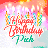 Bright birthday candles with rainbow flames on a cake, alongside the text 'Happy Birthday Pich' in vibrant script in this celebratory animated GIF.