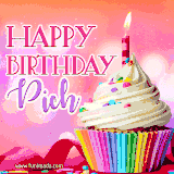 A vibrant birthday GIF featuring a rainbow-colored cupcake topped with white frosting, sprinkles, and a lit candle. The text reads 'Happy Birthday Pich' in bold pink and violet letters with white outline.
