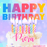 A vibrant animated name GIF with the words 'Happy Birthday Piera' with colorful candles on a creamy cake. The background sparkles with pastel shades, adding a festive touch.