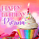 A vibrant birthday GIF featuring a rainbow-colored cupcake topped with white frosting, sprinkles, and a lit candle. The text reads 'Happy Birthday Pierina' in bold pink and violet letters with white outline.