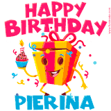 A vibrant and funny gift box character with a happy face dancing with a cupcake and the text 'Happy Birthday Pierina,' surrounded by animated confetti and party vibes.