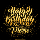 Animated GIF with colorful, festive 'Happy Birthday Pierre' text decorated with patterns, a party hat, and falling confetti. A vibrant and cheerful design for birthday celebrations.