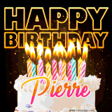 A vibrant animated GIF featuring a delicious birthday cake topped with glowing candles and the name 'Pierre' in elegant script, and the words 'Happy Birthday' on the black background.