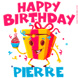 A funny animated birthday GIF with the words 'Happy Birthday Pierrea', colorful gift box with arms and legs, holding a cupcake with a lit candle  with confetti everywhere.