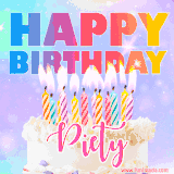 A vibrant animated name GIF with the words 'Happy Birthday Piety' with colorful candles on a creamy cake. The background sparkles with pastel shades, adding a festive touch.