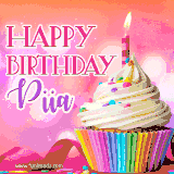 A vibrant birthday GIF featuring a rainbow-colored cupcake topped with white frosting, sprinkles, and a lit candle. The text reads 'Happy Birthday Piia' in bold pink and violet letters with white outline.