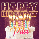 A colorful birthday cake topped with lit candles, with the words 'Happy Birthday Pilvi' in bold glowing letters on a burgundy background. Animated flames add a festive touch.
