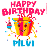 A vibrant and funny gift box character with a happy face dancing with a cupcake and the text 'Happy Birthday Pilvi,' surrounded by animated confetti and party vibes.