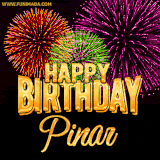 A golden 'Happy Birthday Pinar' message with vibrant fireworks in the background, creating a festive and celebratory vibe in this animated name GIF.