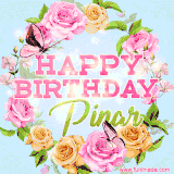 A charming animated GIF featuring 'Happy Birthday Pinar' in pink and green text, surrounded by delicate roses, leaves, and fluttering butterflies on a soft light blue pastel background.