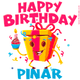 A vibrant and funny gift box character with a happy face dancing with a cupcake and the text 'Happy Birthday Pinar,' surrounded by animated confetti and party vibes.