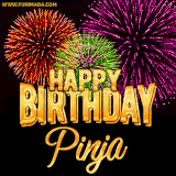 A golden 'Happy Birthday Pinja' message with vibrant fireworks in the background, creating a festive and celebratory vibe in this animated name GIF.