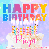 A vibrant animated name GIF with the words 'Happy Birthday Pinja' with colorful candles on a creamy cake. The background sparkles with pastel shades, adding a festive touch.