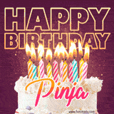 A colorful birthday cake topped with lit candles, with the words 'Happy Birthday Pinja' in bold glowing letters on a burgundy background. Animated flames add a festive touch.
