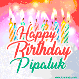 Bright birthday candles with rainbow flames on a cake, alongside the text 'Happy Birthday Pipaluk' in vibrant script in this celebratory animated GIF.
