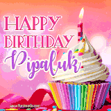 A vibrant birthday GIF featuring a rainbow-colored cupcake topped with white frosting, sprinkles, and a lit candle. The text reads 'Happy Birthday Pipaluk' in bold pink and violet letters with white outline.
