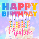 A vibrant animated name GIF with the words 'Happy Birthday Pipaluk' with colorful candles on a creamy cake. The background sparkles with pastel shades, adding a festive touch.