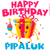 A vibrant and funny gift box character with a happy face dancing with a cupcake and the text 'Happy Birthday Pipaluk,' surrounded by animated confetti and party vibes.