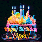 A mesmerizing animated cake with multicolor frosting and candles, and the words 'Happy Birthday Piper' on the black background.