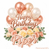 Beautiful pink and peach roses with gently moving Happy Birthday Piper text
